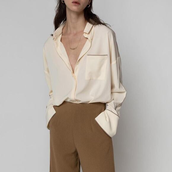 Oak + Fort Women's Cream Collared Long Sleeves Button Down Shirt Top Size large - Picture 1 of 9